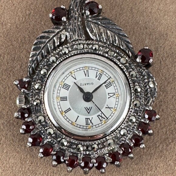 Fabulous Vintage 1940's Ladies Garnet and Marcasite Watch Pendant necklace - Picture 8 of 8